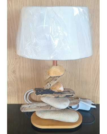 on achete francais - Lampe artisanale en galets et bois flotté – Luminaire naturel fait main – Hauteur 33 cm