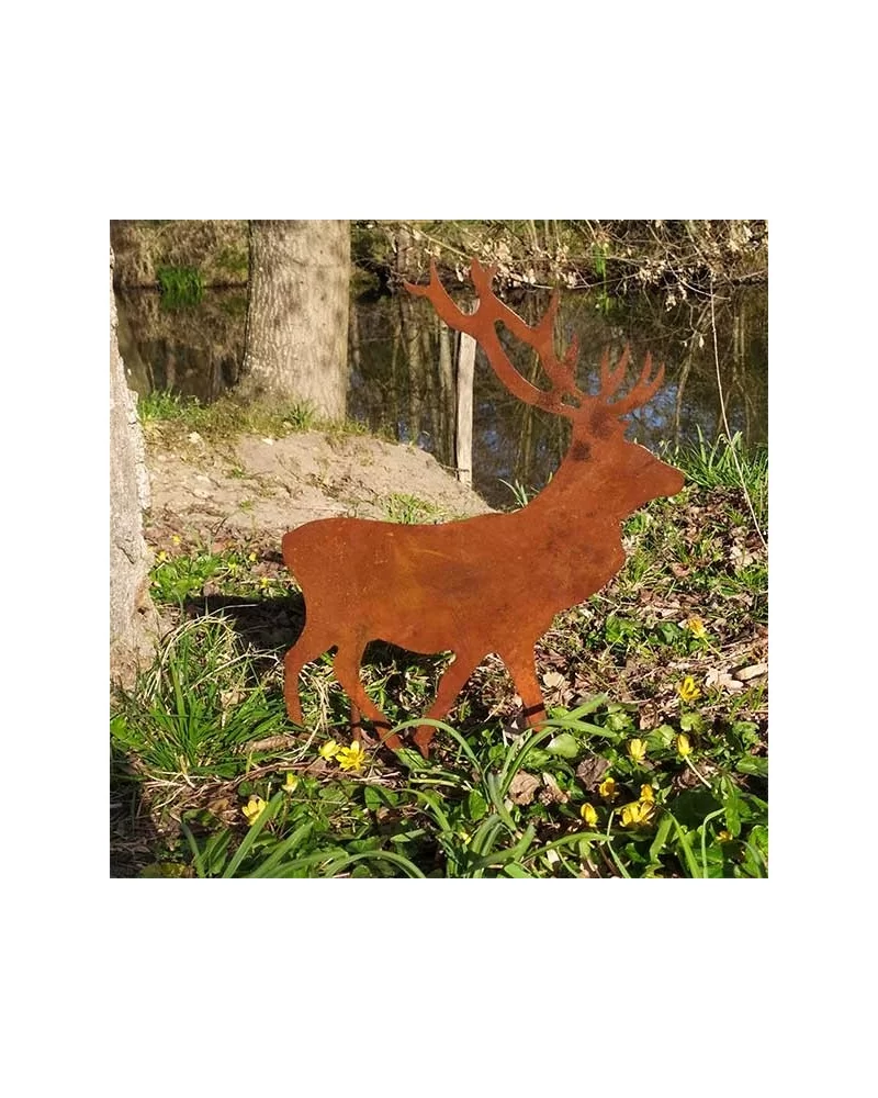 on achete francais - Décoration Cerf jardin métal rouillé (47 cm X 35 cm)