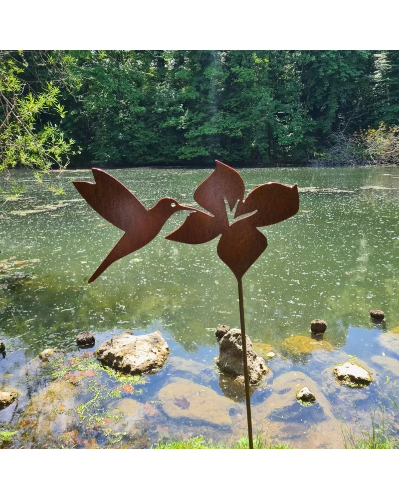 on achete francais - Décoration Colibri Fleur jardin métal rouillé (18 cm X 31 cm)